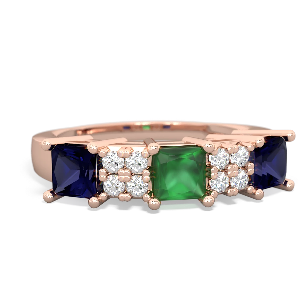 Emerald Three Stone Diamond Cluster 14K Rose Gold ring R2592