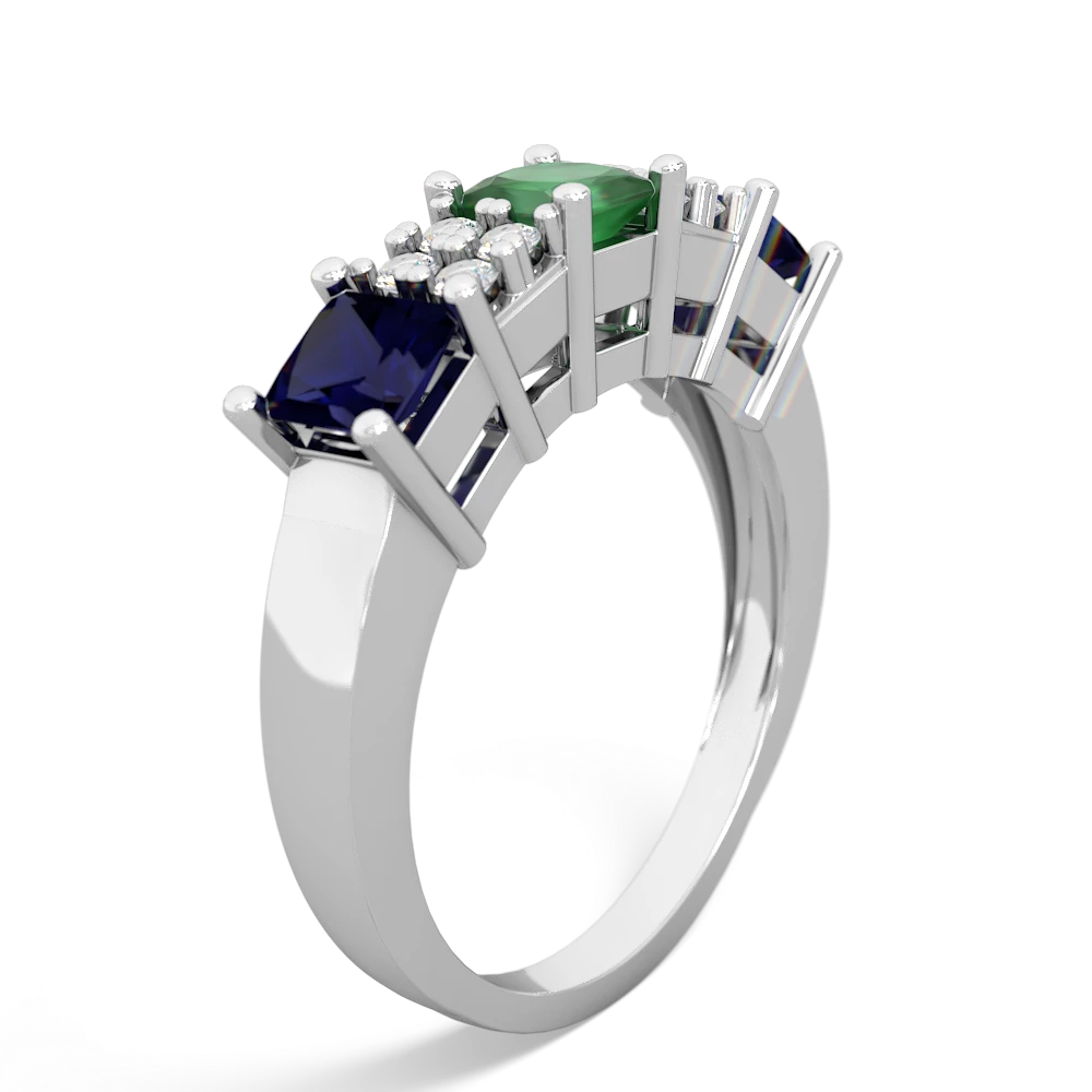 Emerald Three Stone Diamond Cluster 14K White Gold ring R2592