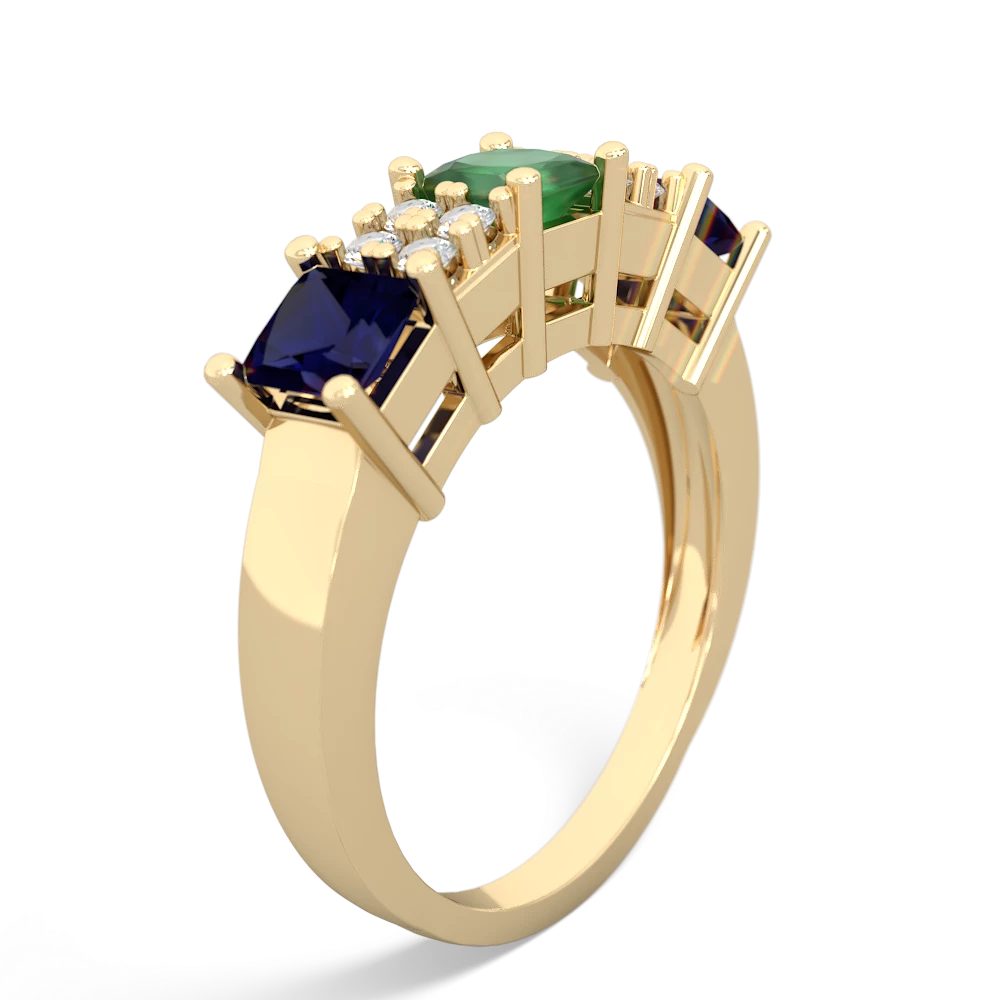 Emerald Three Stone Diamond Cluster 14K Yellow Gold ring R2592