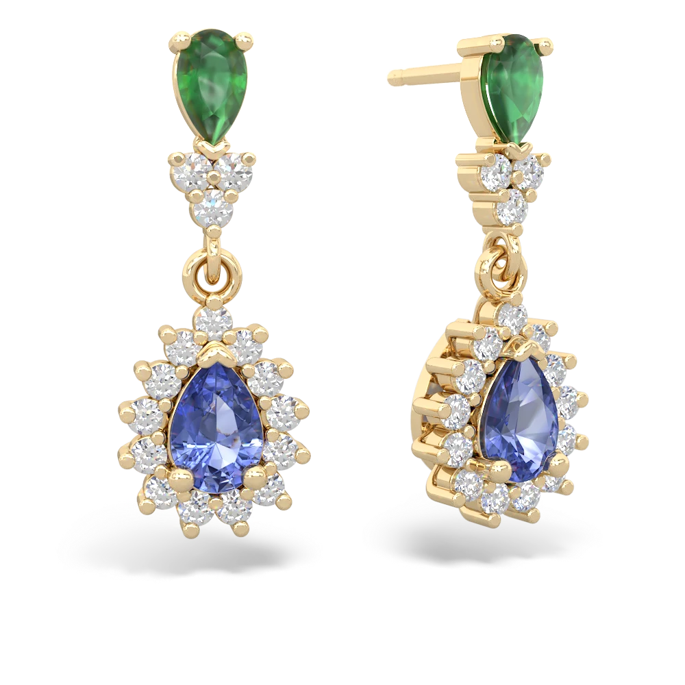 Emerald Halo Pear Dangle 14K Yellow Gold earrings E1882