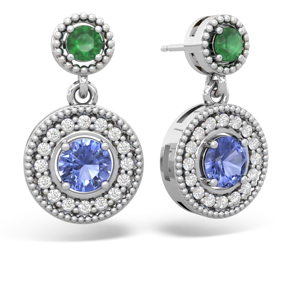 Emerald Halo Dangle 14K White Gold earrings E5319