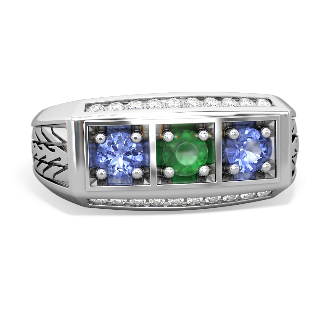 Emerald Three Stone Tire Tread Men's 14K White Gold ring R0520
