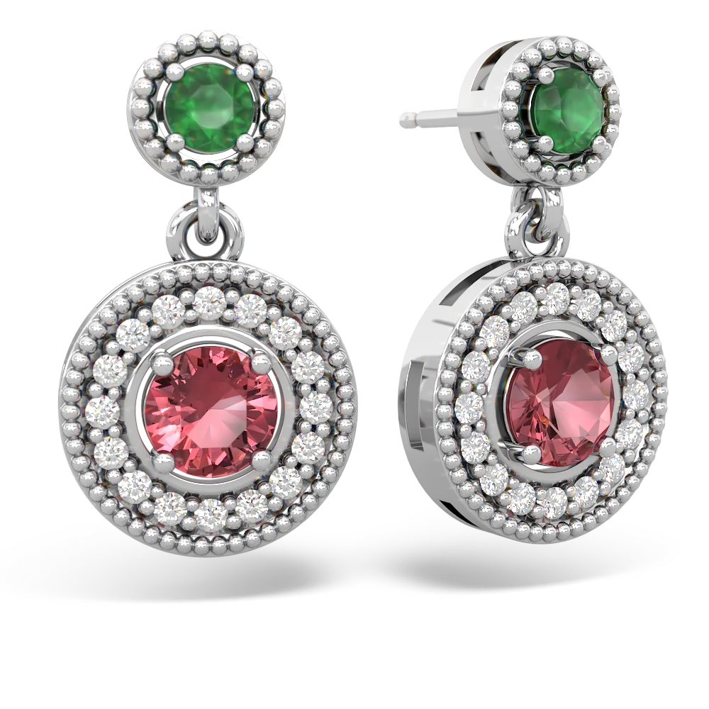 Emerald Halo Dangle 14K White Gold earrings E5319