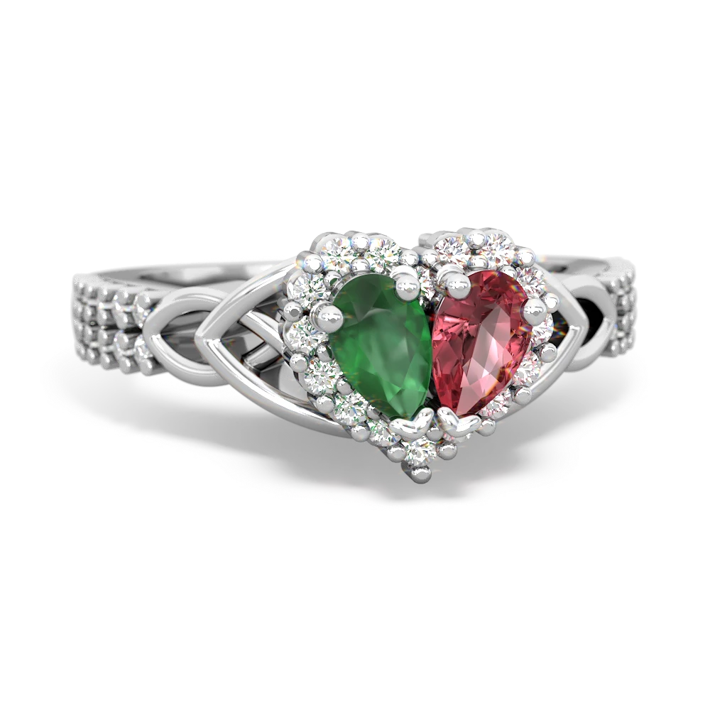 Emerald Celtic Knot Two Hearts As One 14K White Gold ring R2644HRT