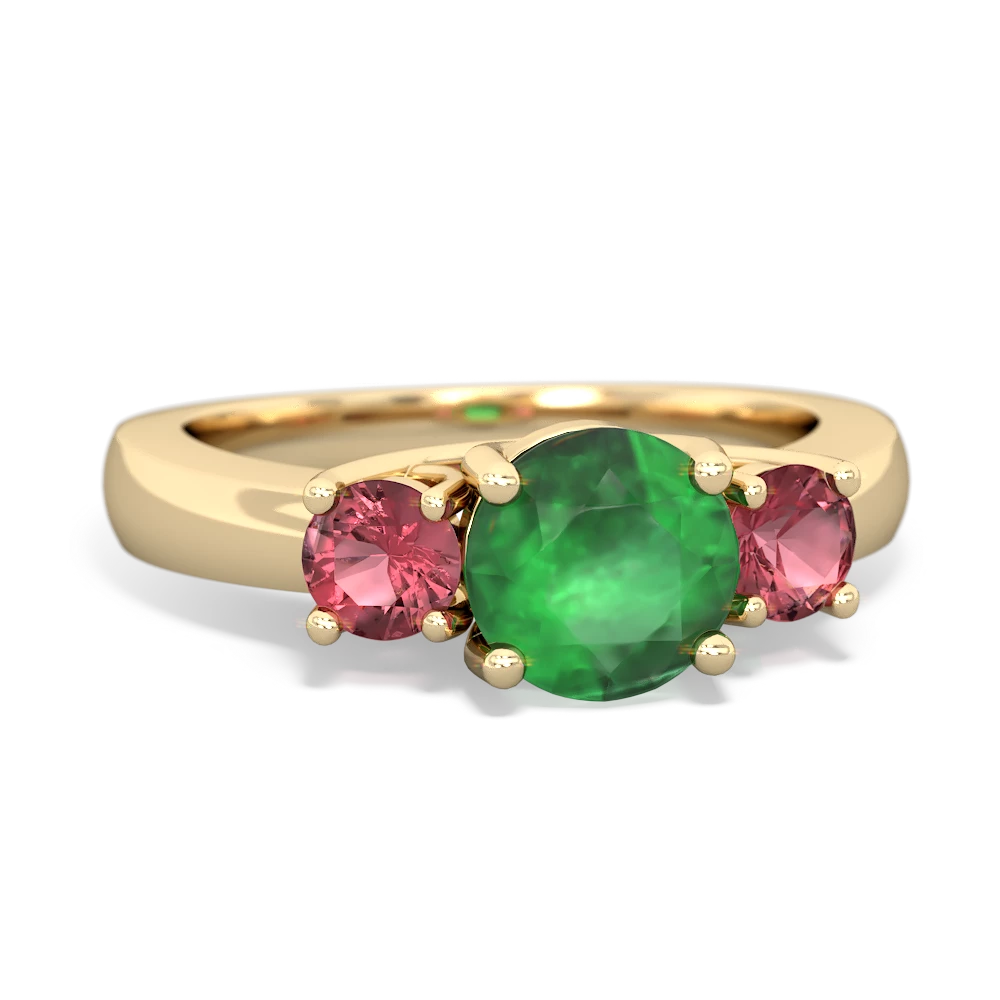 Emerald Three Stone Round Trellis 14K Yellow Gold ring R4018