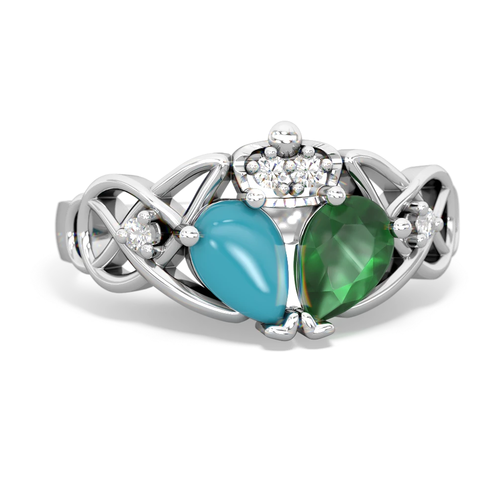 Emerald 'One Heart' Celtic Knot Claddagh 14K White Gold ring R5322