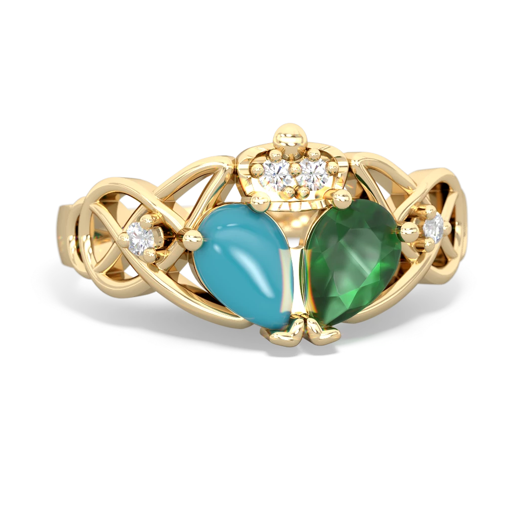 Emerald 'One Heart' Celtic Knot Claddagh 14K Yellow Gold ring R5322