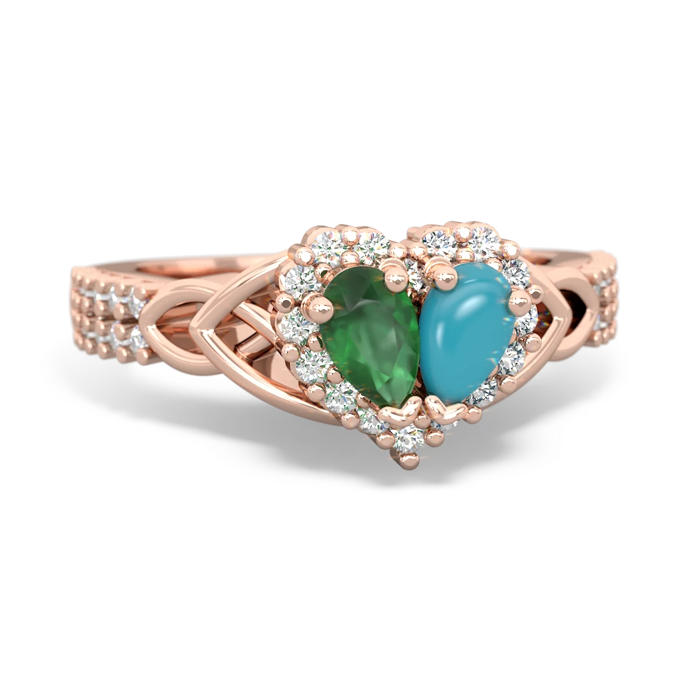 Emerald Celtic Knot Two Hearts As One 14K Rose Gold ring R2644HRT