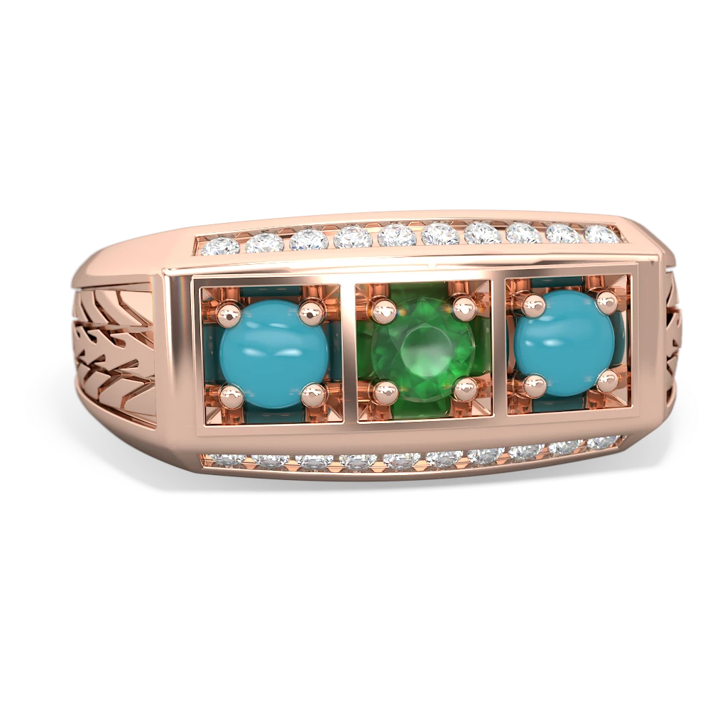 Emerald Three Stone Tire Tread Men's 14K Rose Gold ring R0520