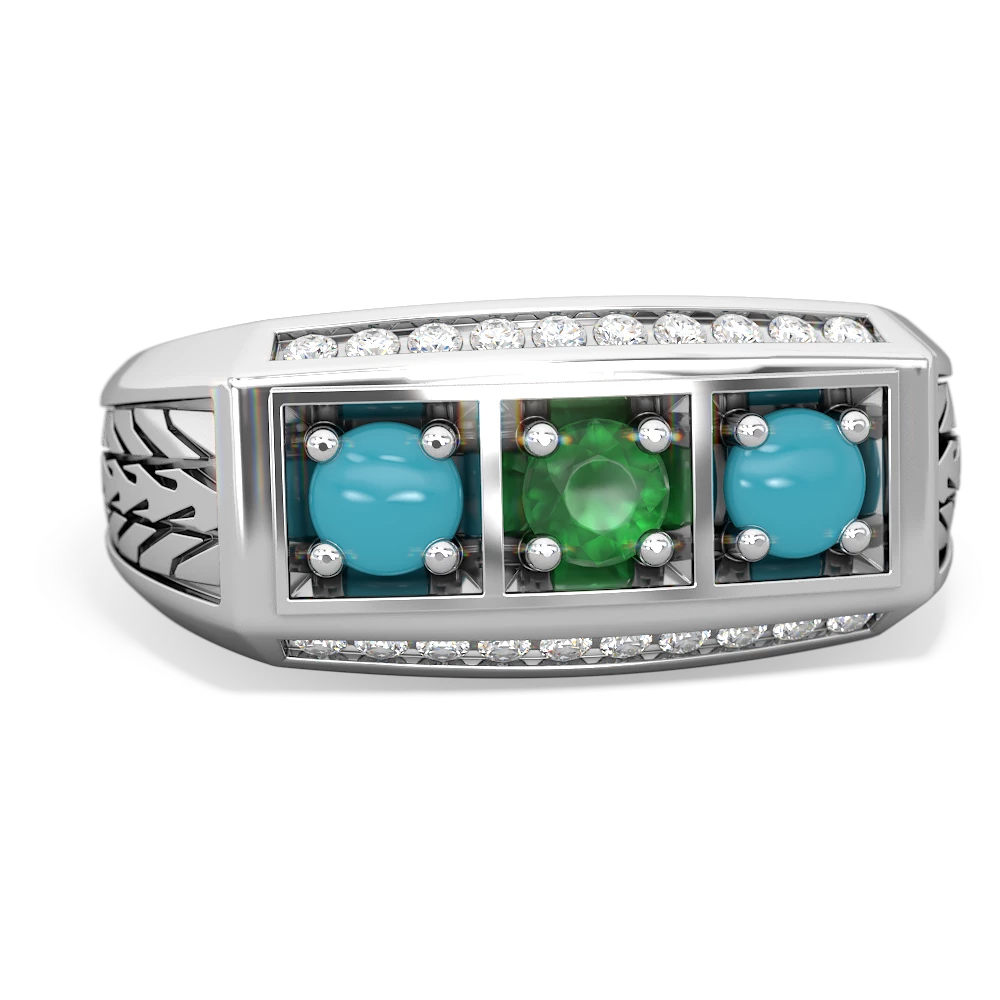 Emerald Three Stone Tire Tread Men's 14K White Gold ring R0520