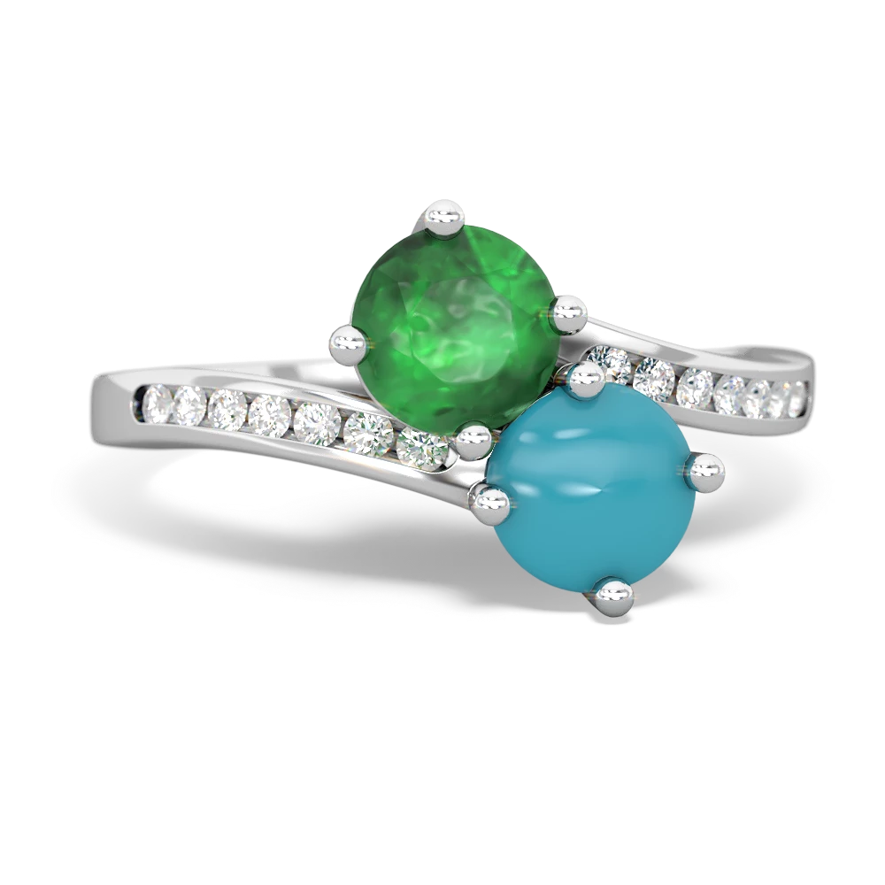 Emerald Turquoise Channel Set Two Stone ring 14K White Gold JewelsForMe