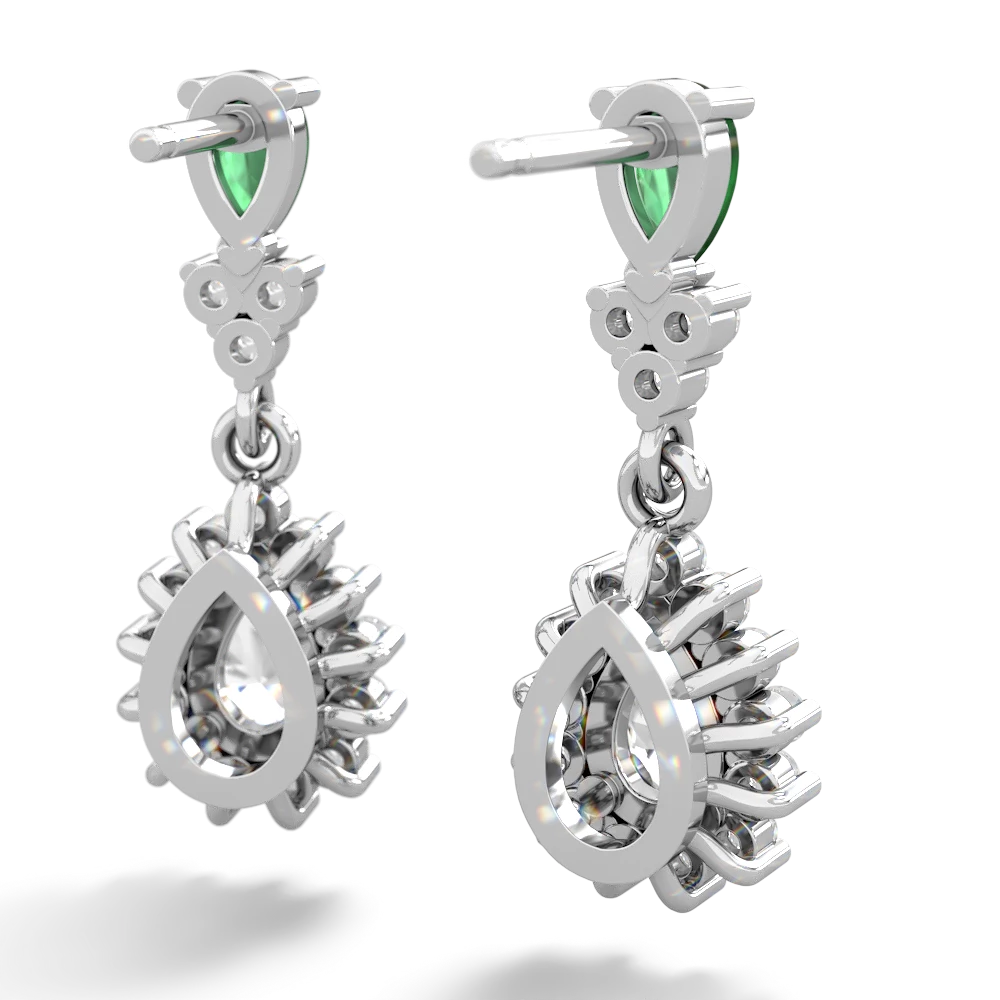 Emerald Halo Pear Dangle 14K White Gold earrings E1882