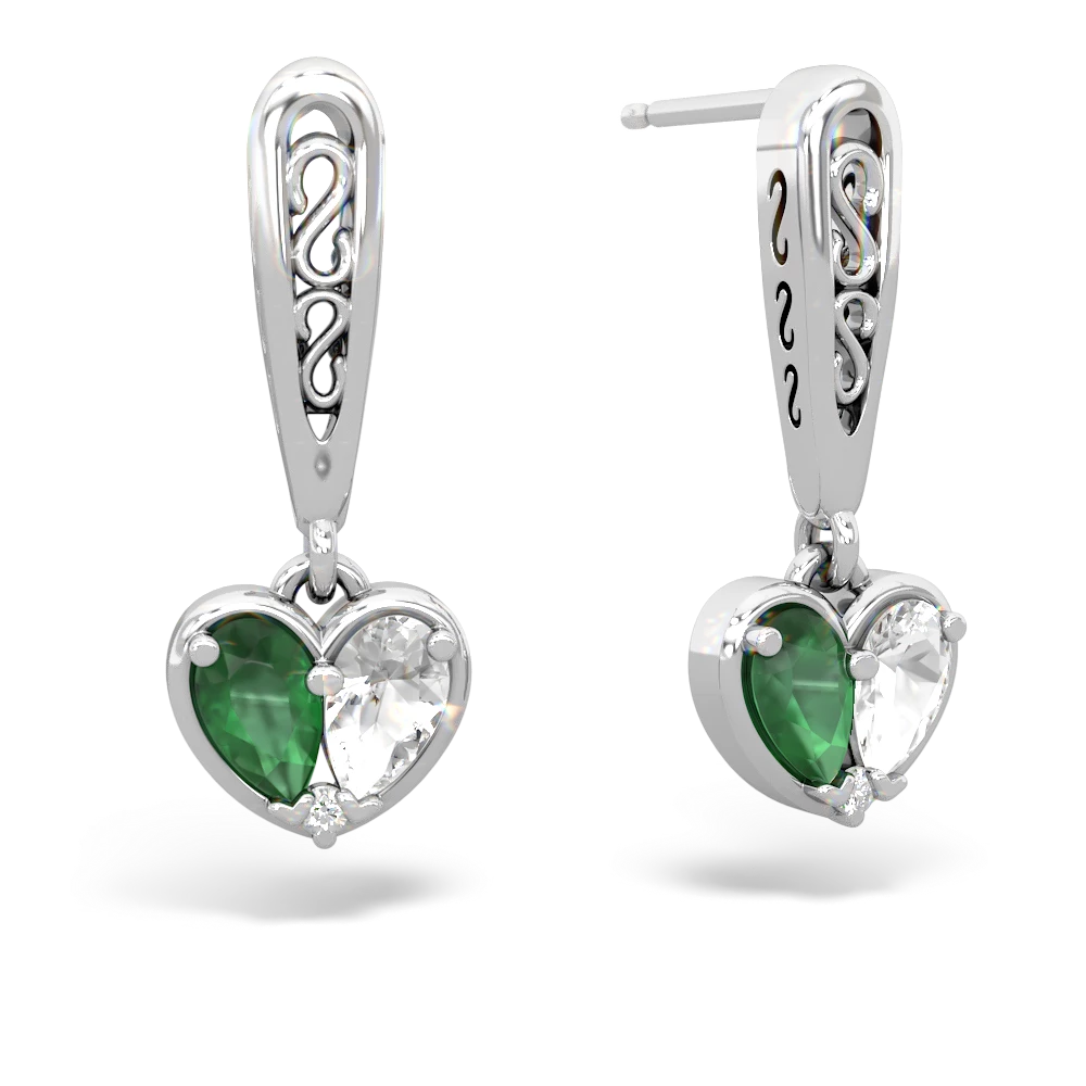 Emerald Filligree Heart 14K White Gold earrings E5070