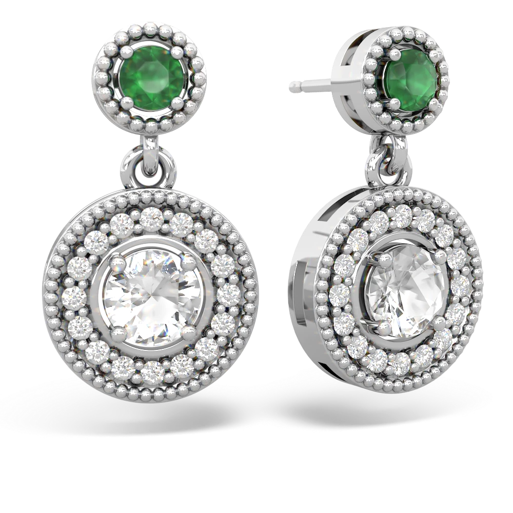 Emerald Halo Dangle 14K White Gold earrings E5319