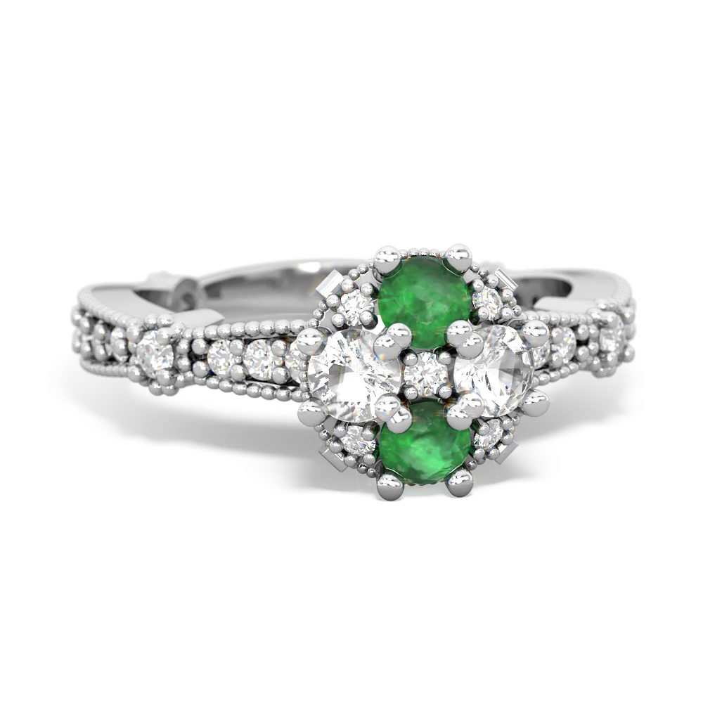 Emerald Sparkling Tiara Cluster 14K White Gold ring R26293RD