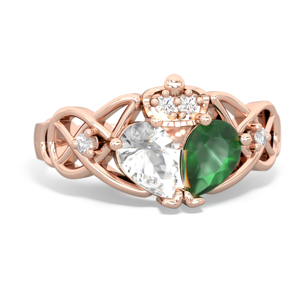 Emerald 'One Heart' Celtic Knot Claddagh 14K Rose Gold ring R5322