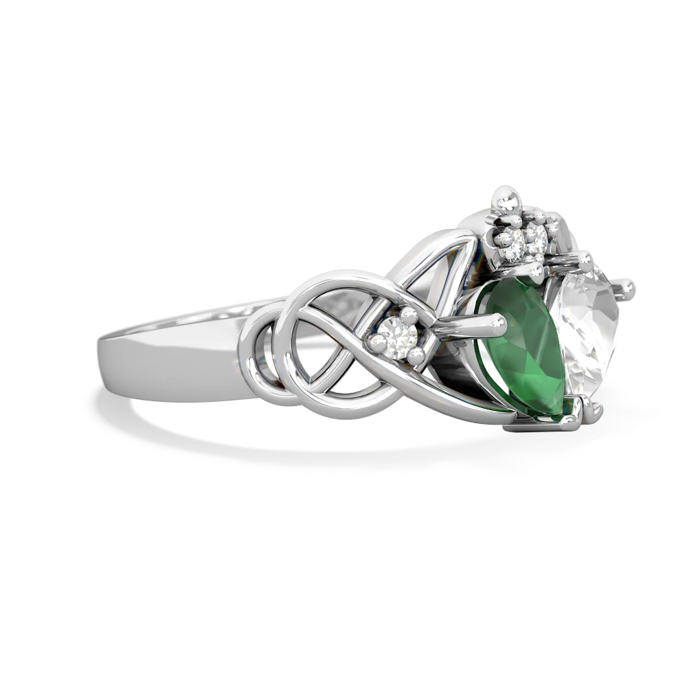 Emerald 'One Heart' Celtic Knot Claddagh 14K White Gold ring R5322