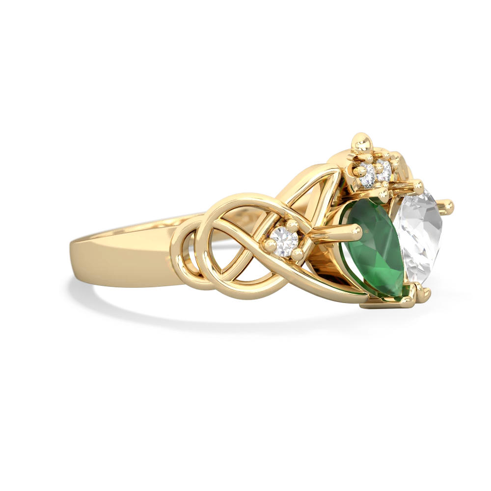 Emerald 'One Heart' Celtic Knot Claddagh 14K Yellow Gold ring R5322