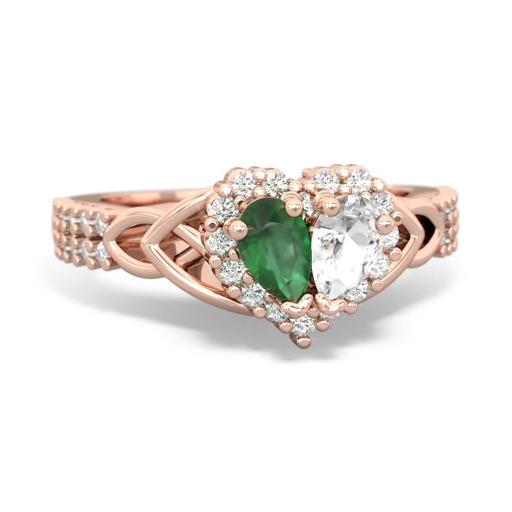 Emerald Celtic Knot Two Hearts As One 14K Rose Gold ring R2644HRT