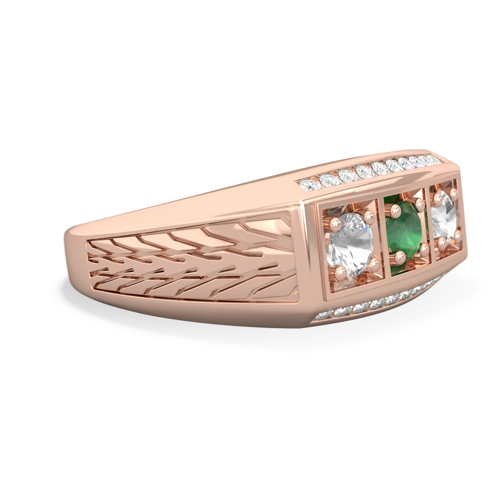 Emerald Three Stone Tire Tread Men's 14K Rose Gold ring R0520