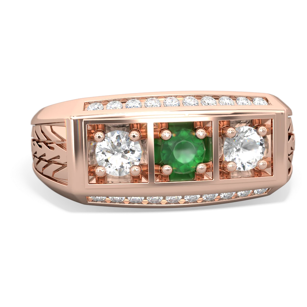 Emerald Three Stone Tire Tread Men's 14K Rose Gold ring R0520