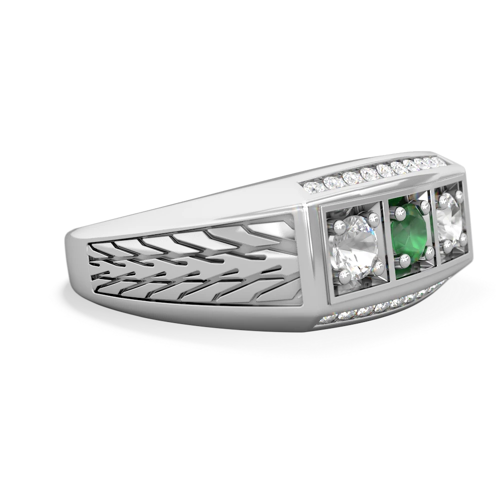 Emerald Three Stone Tire Tread Men's 14K White Gold ring R0520