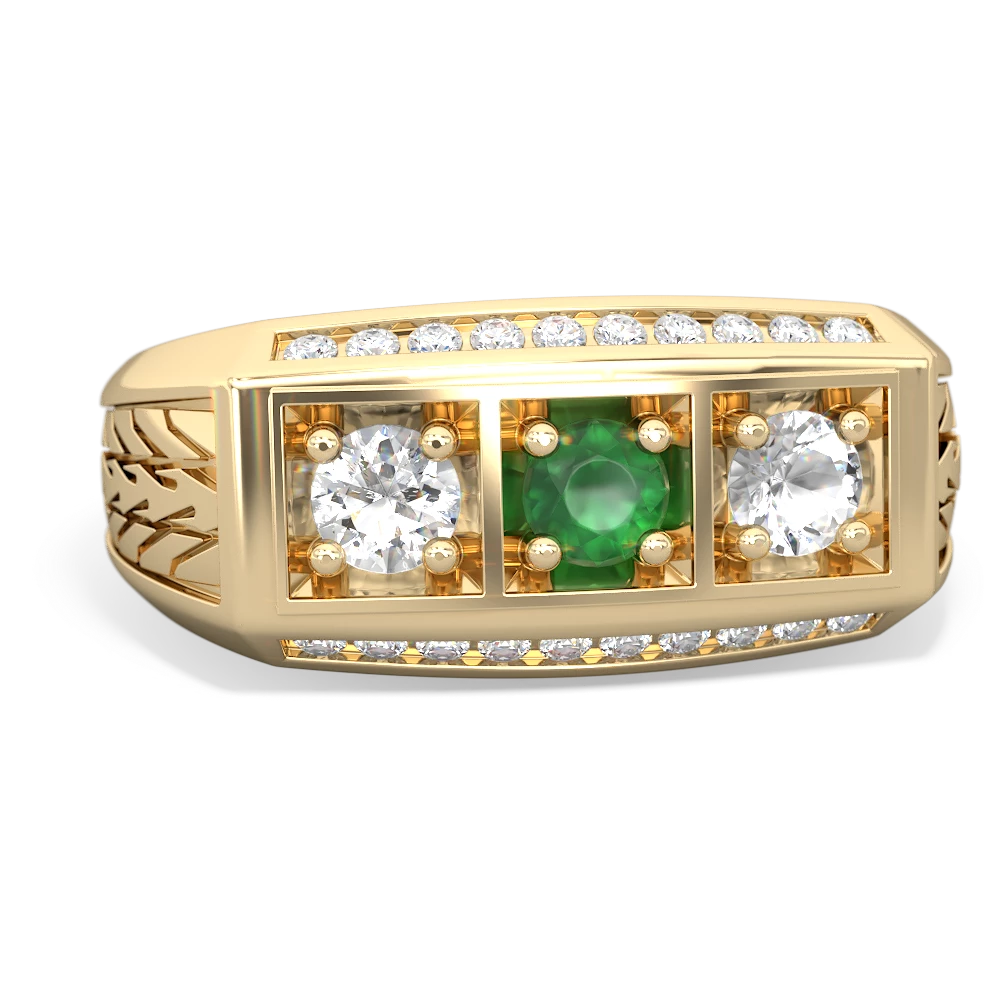 Emerald Three Stone Tire Tread Men's 14K Yellow Gold ring R0520