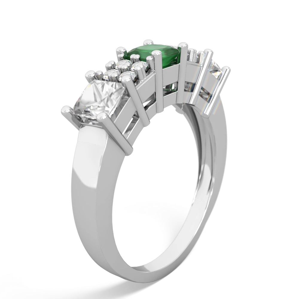 Emerald Three Stone Diamond Cluster 14K White Gold ring R2592