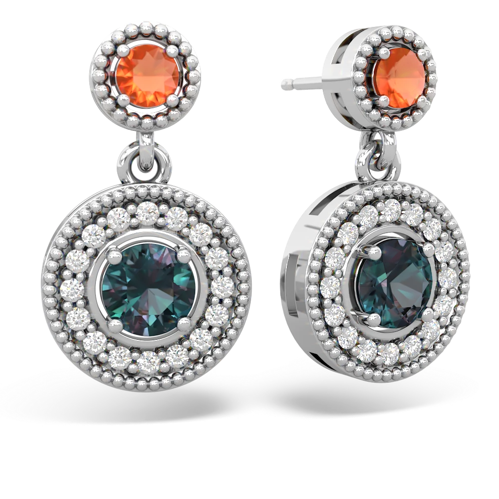 Fire Opal Halo Dangle 14K White Gold earrings E5319