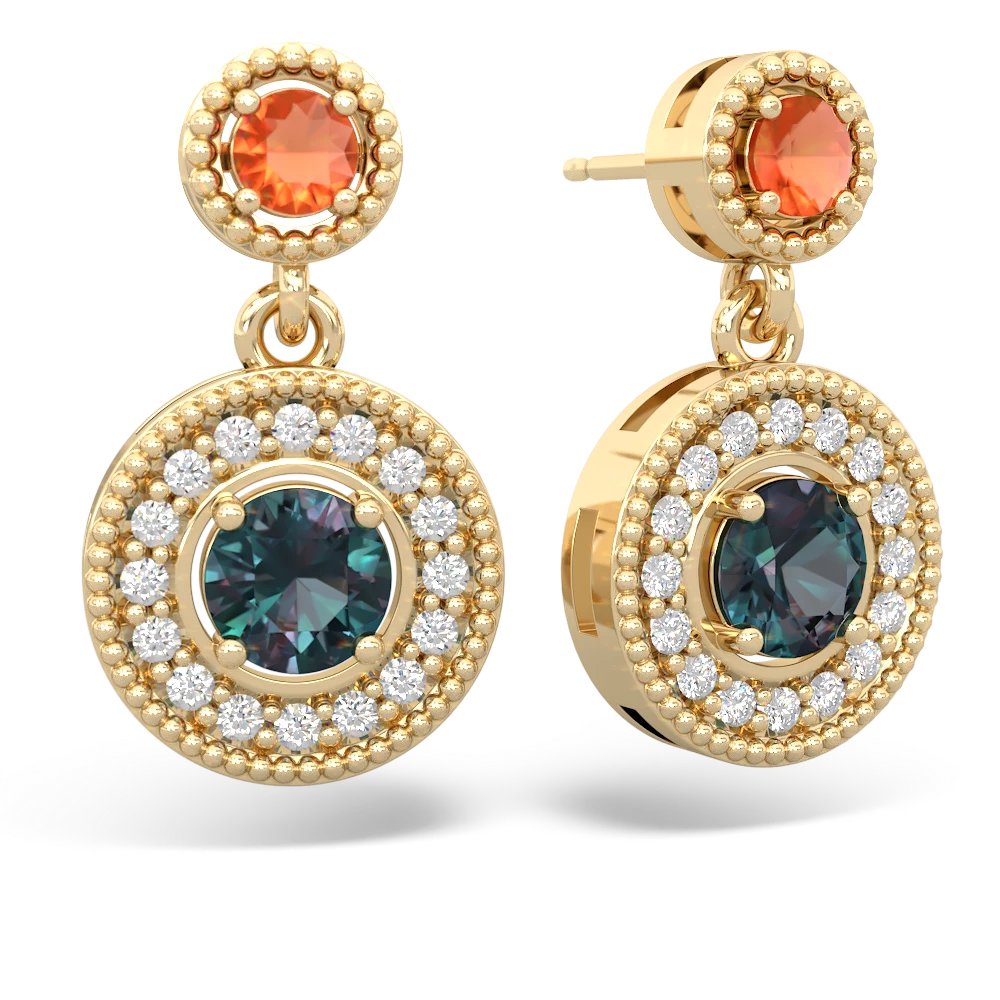 Fire Opal Halo Dangle 14K Yellow Gold earrings E5319