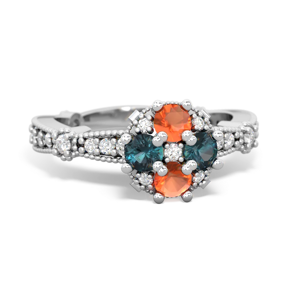 Fire Opal Sparkling Tiara Cluster 14K White Gold ring R26293RD