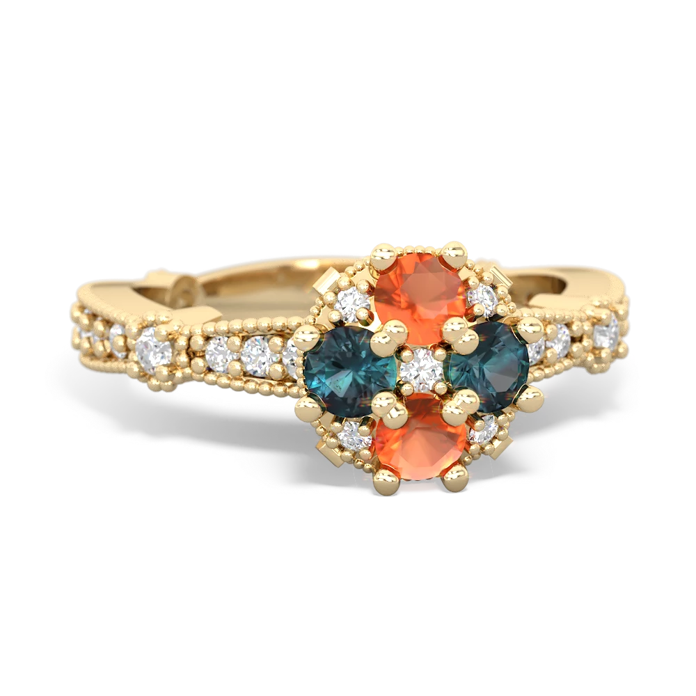 Fire Opal Sparkling Tiara Cluster 14K Yellow Gold ring R26293RD