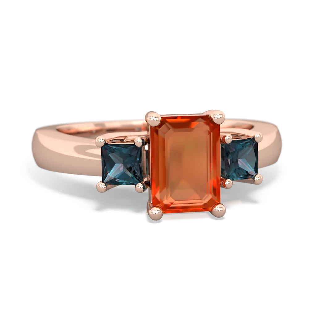 Fire Opal Three Stone Emerald-Cut Trellis 14K Rose Gold ring R4021