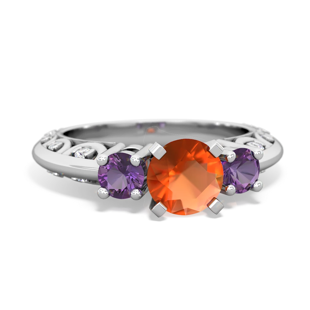 Fire Opal Art Deco Eternal Embrace Engagement 14K White Gold ring C2003