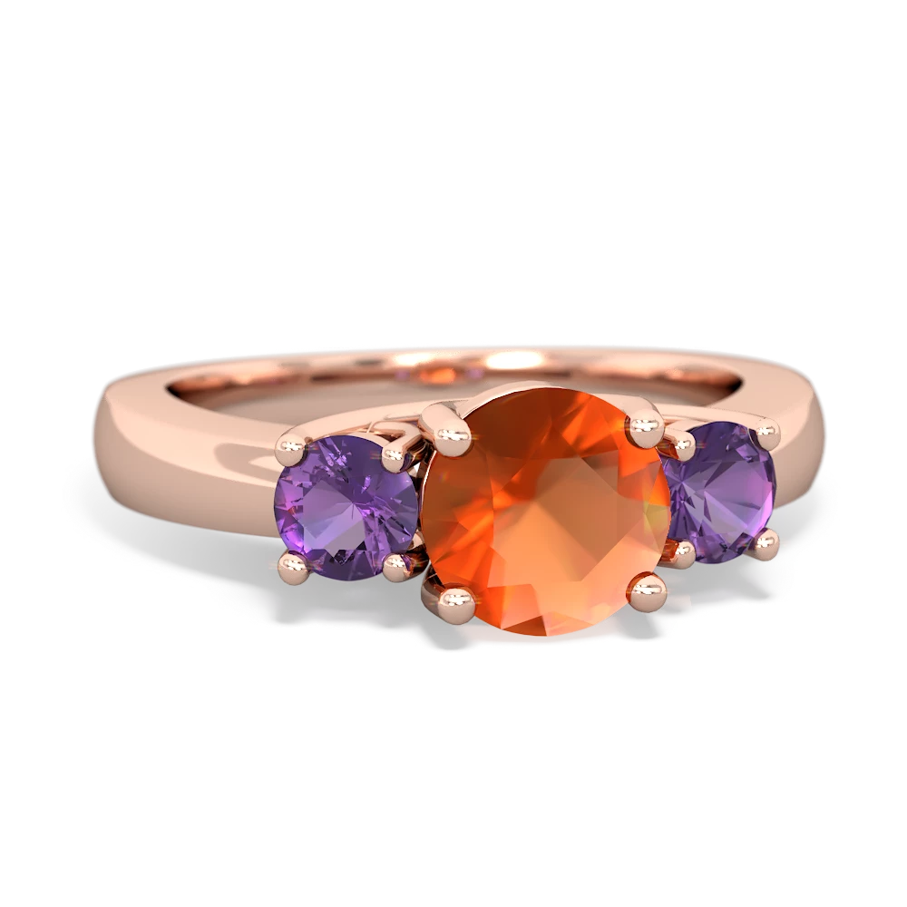 Fire Opal Three Stone Round Trellis 14K Rose Gold ring R4018