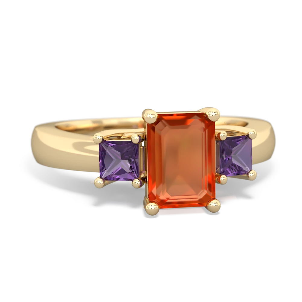 Fire Opal Three Stone Emerald-Cut Trellis 14K Yellow Gold ring R4021