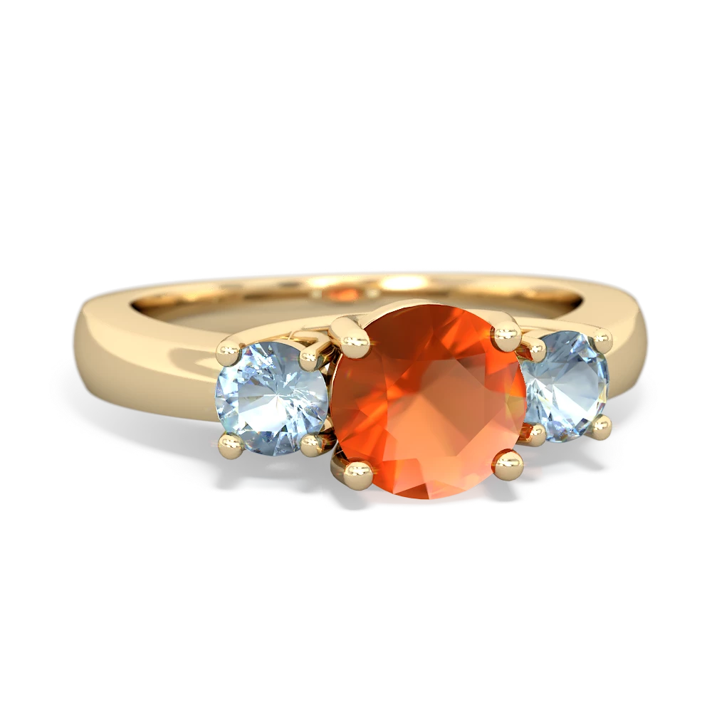 Fire Opal Three Stone Round Trellis 14K Yellow Gold ring R4018