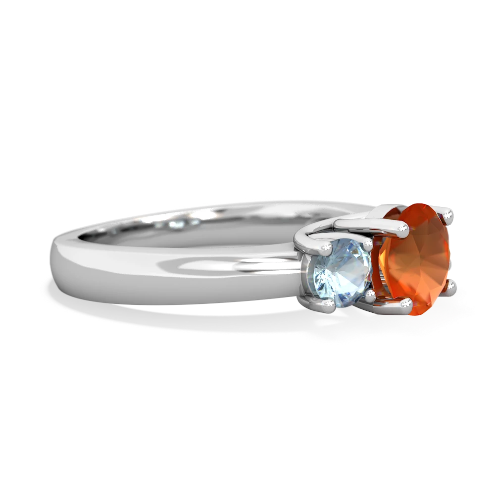 Fire Opal Three Stone Round Trellis 14K White Gold ring R4018