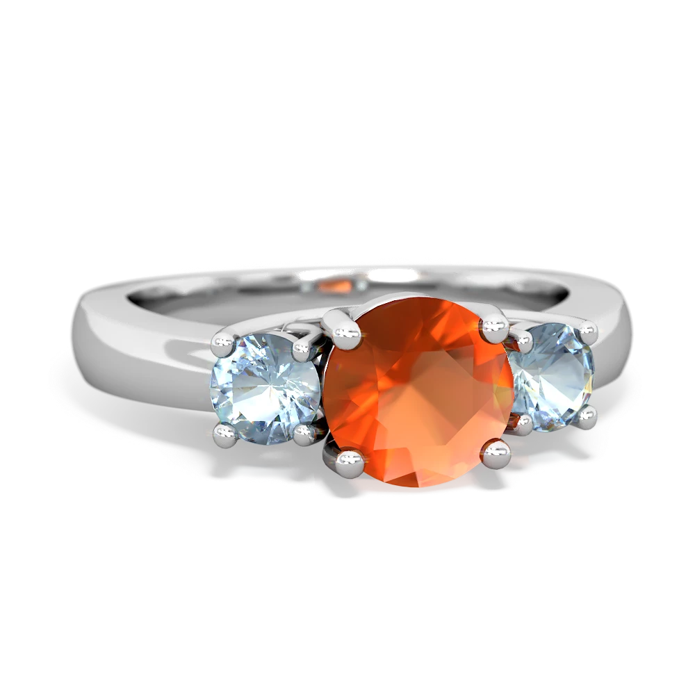 Fire Opal Three Stone Round Trellis 14K White Gold ring R4018