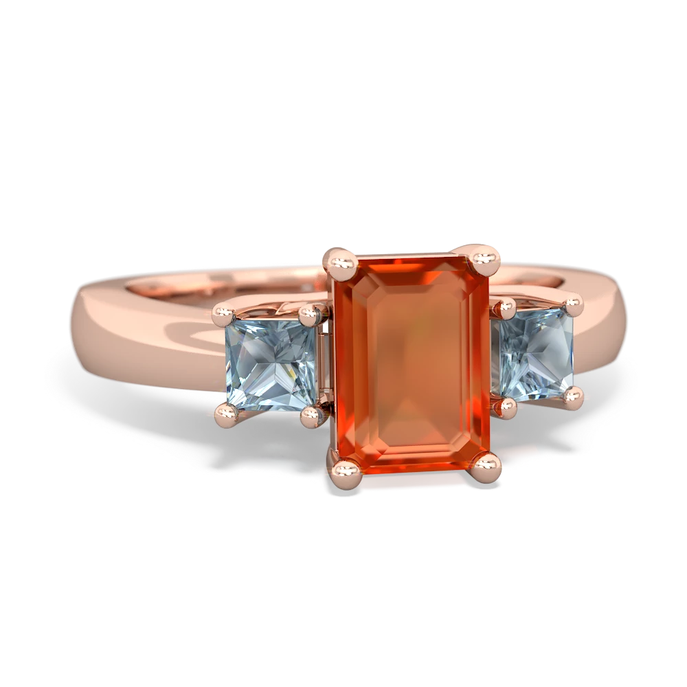 Fire Opal Three Stone Emerald-Cut Trellis 14K Rose Gold ring R4021