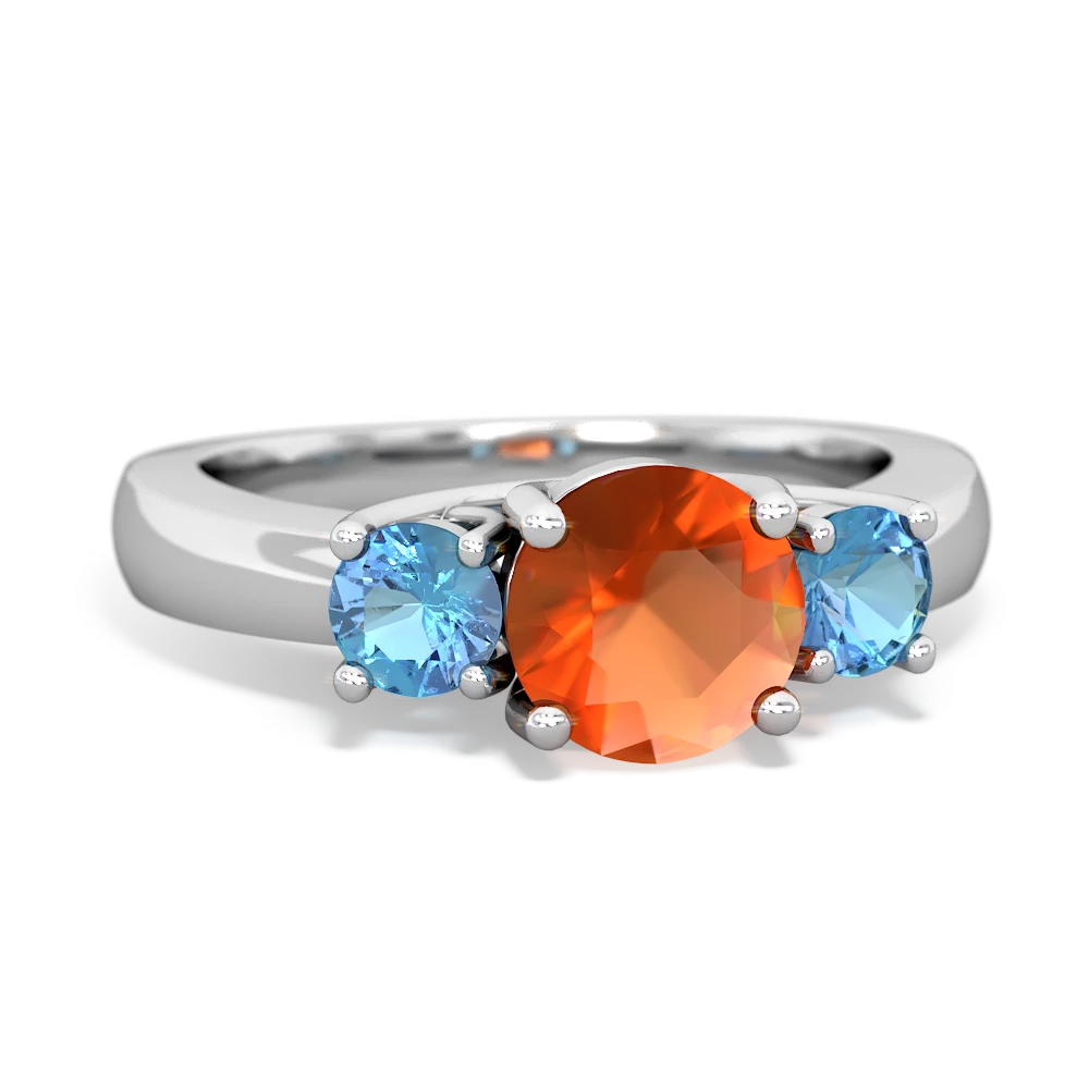 Fire Opal Three Stone Round Trellis 14K White Gold ring R4018