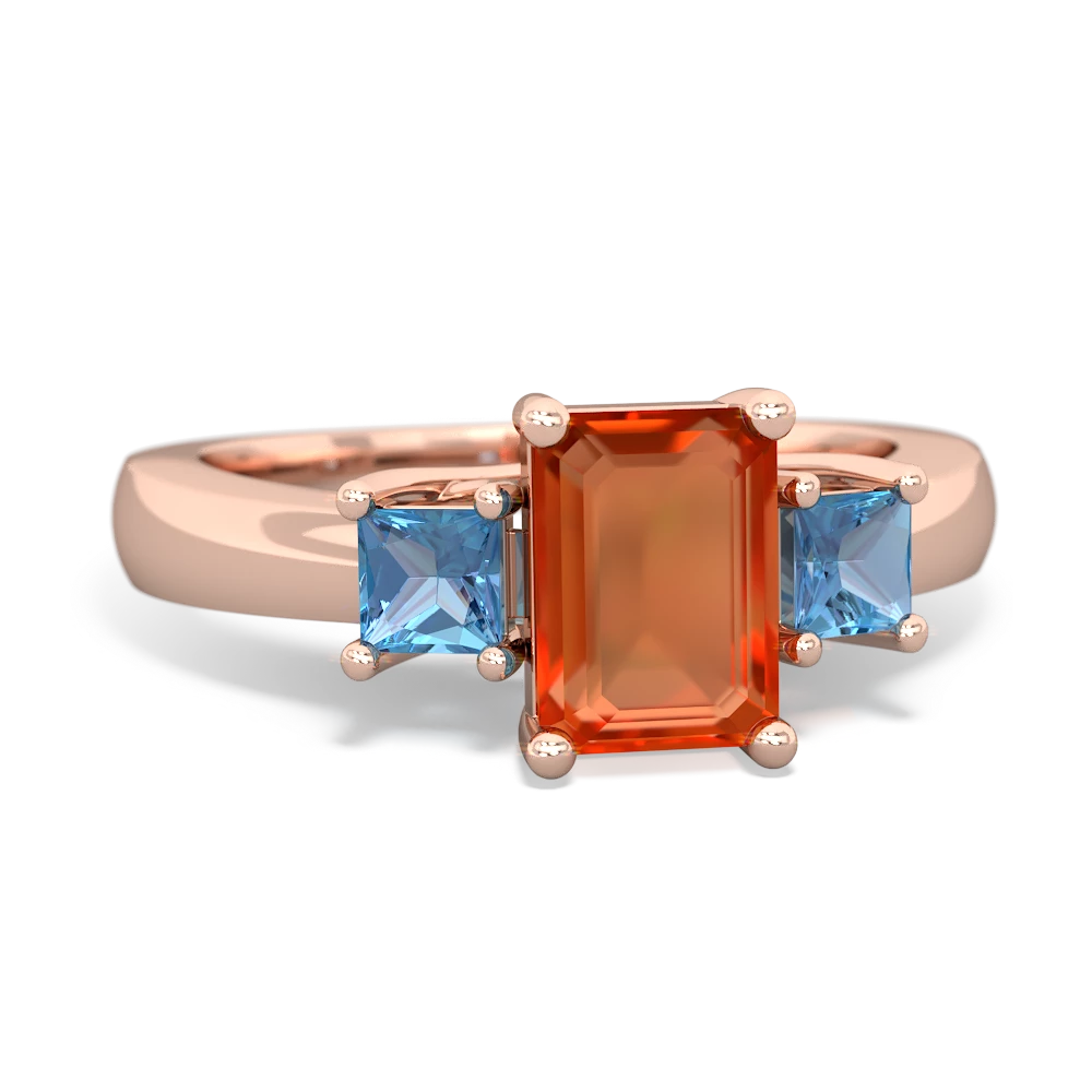 Fire Opal Three Stone Emerald-Cut Trellis 14K Rose Gold ring R4021