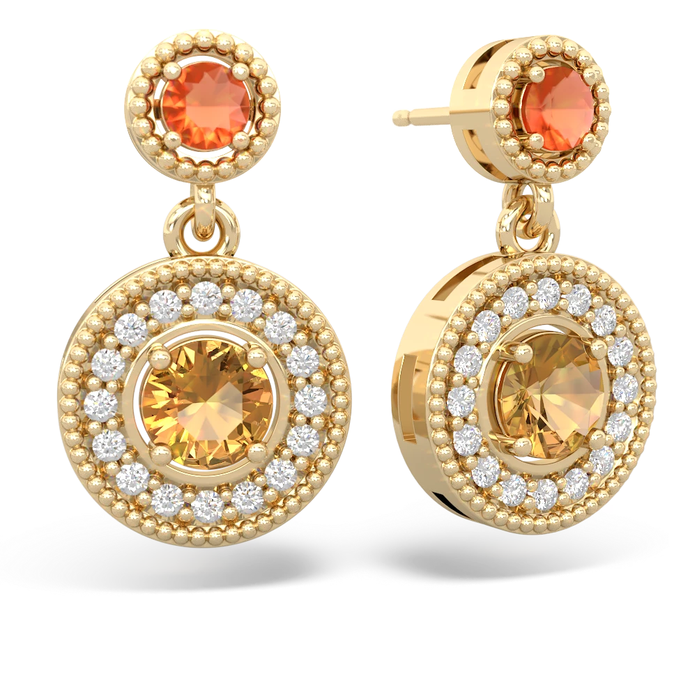 Fire Opal Halo Dangle 14K Yellow Gold earrings E5319