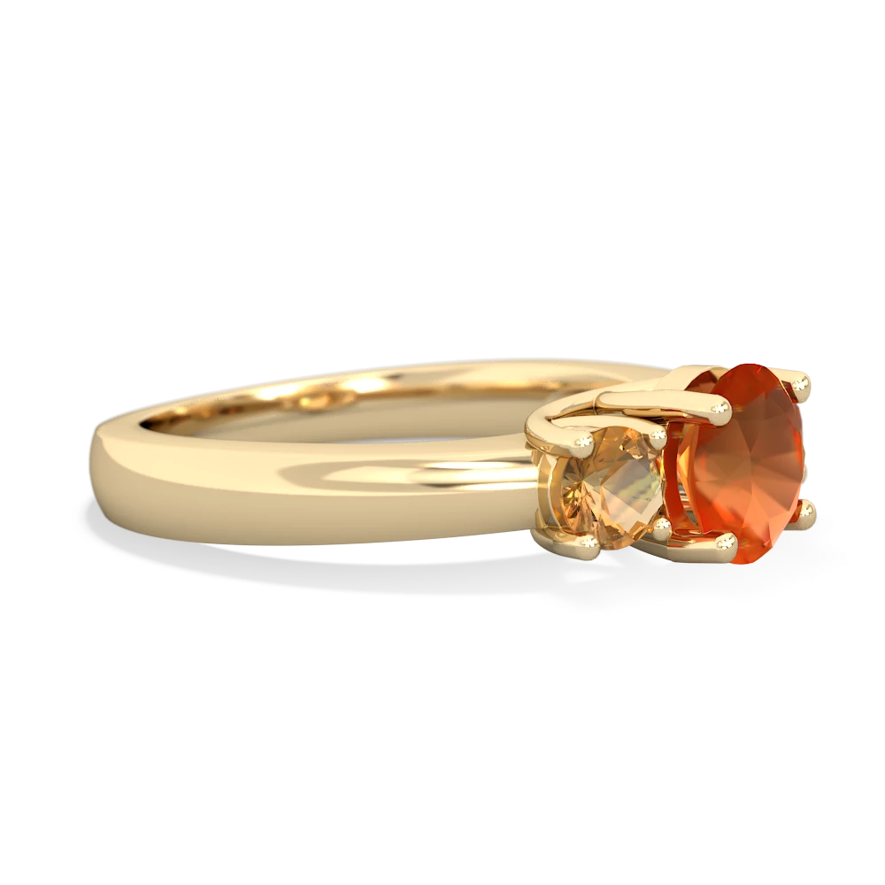 Fire Opal Three Stone Round Trellis 14K Yellow Gold ring R4018