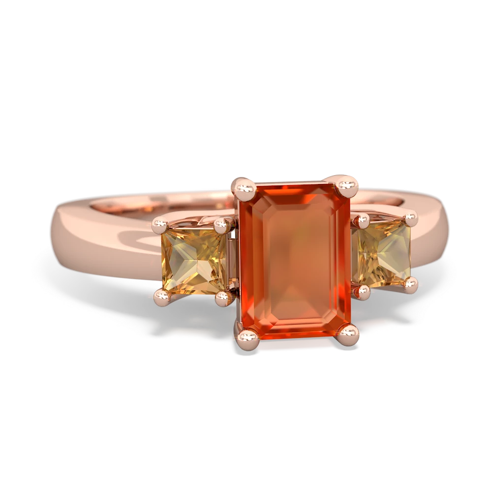 Fire Opal Three Stone Emerald-Cut Trellis 14K Rose Gold ring R4021