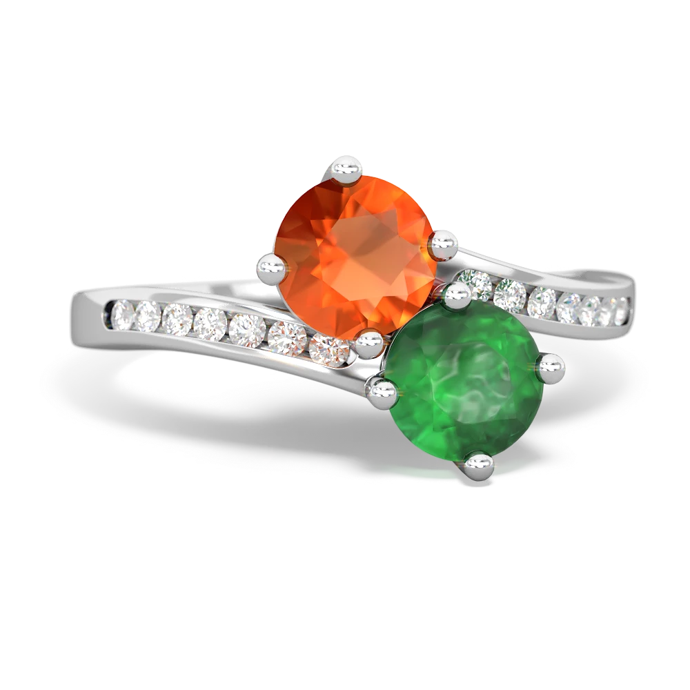 Fire Opal Channel Set Two Stone 14K White Gold ring R5303