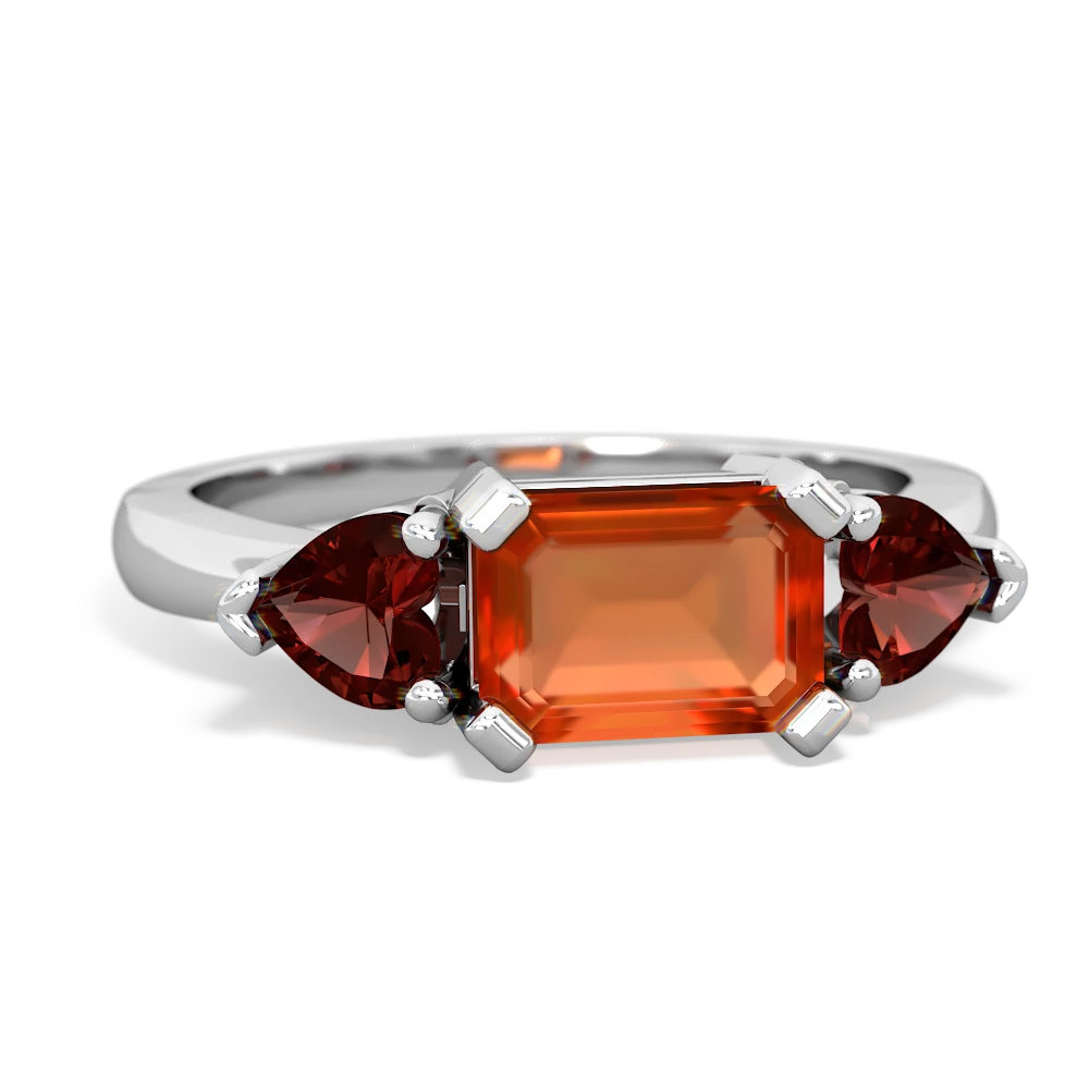 Fire Opal Three Stone 14K White Gold ring R5235