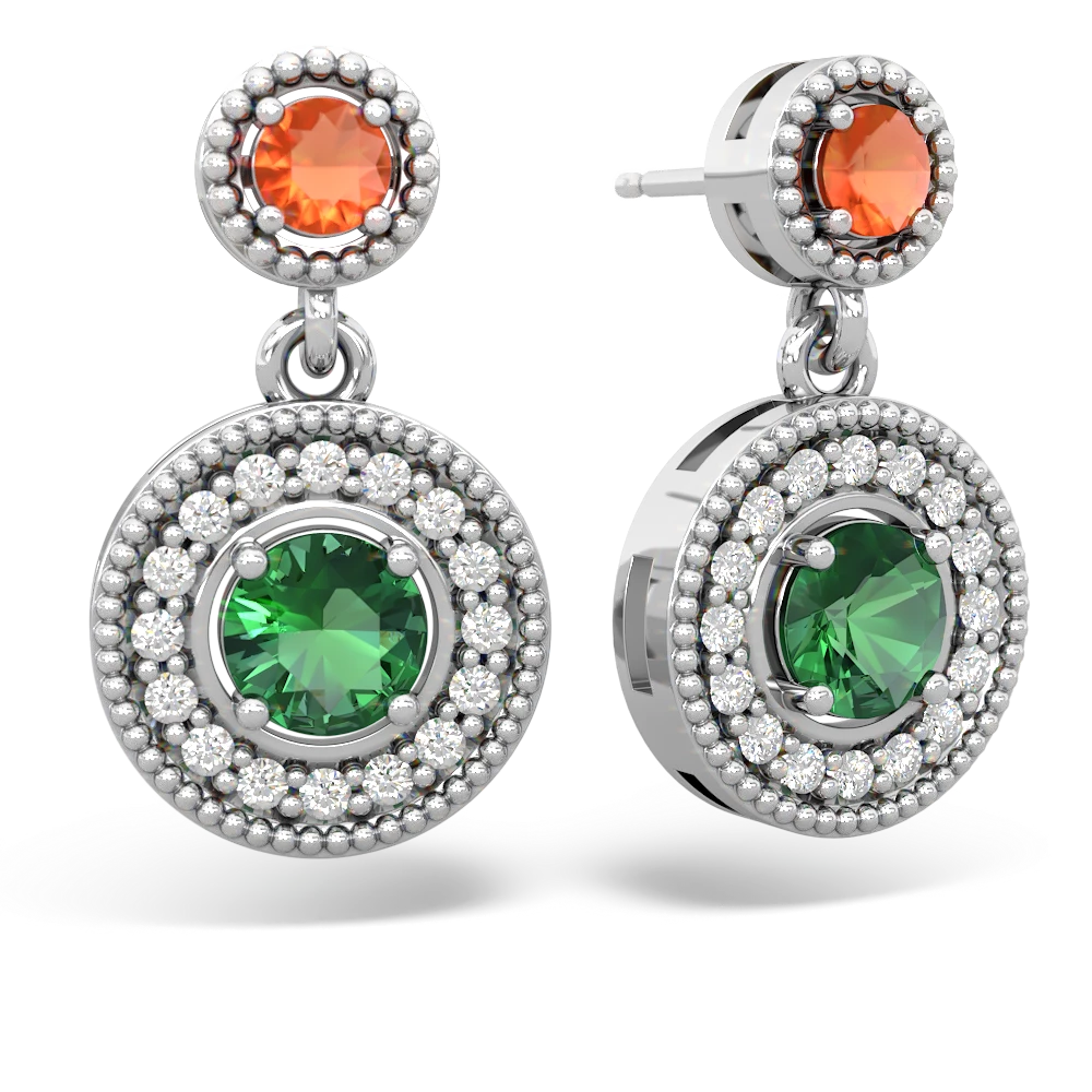 Fire Opal Halo Dangle 14K White Gold earrings E5319