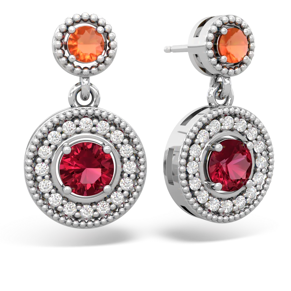 Fire Opal Halo Dangle 14K White Gold earrings E5319