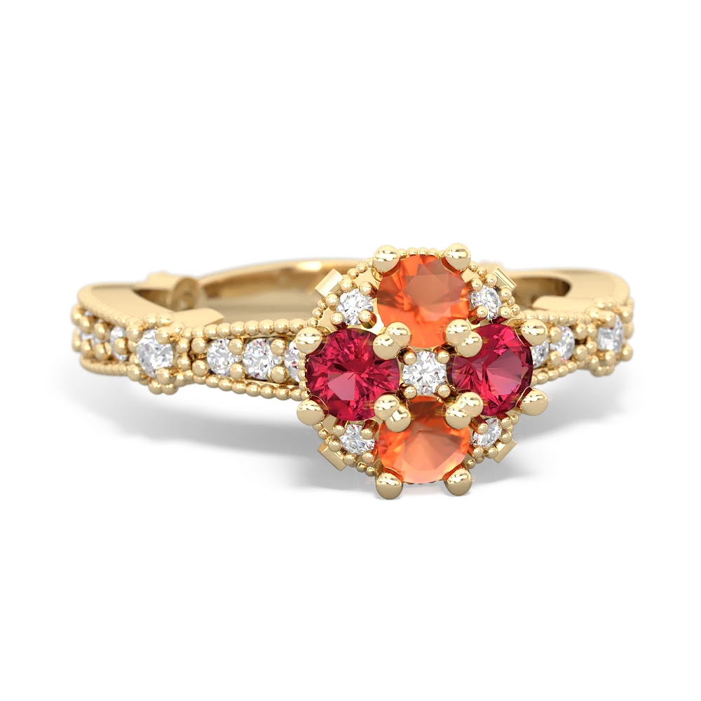 Fire Opal Sparkling Tiara Cluster 14K Yellow Gold ring R26293RD